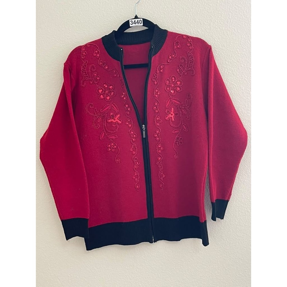 Vintage Red Black Sequin Floral Embroidered Full Zip Cardigan Sweater Mock Neck